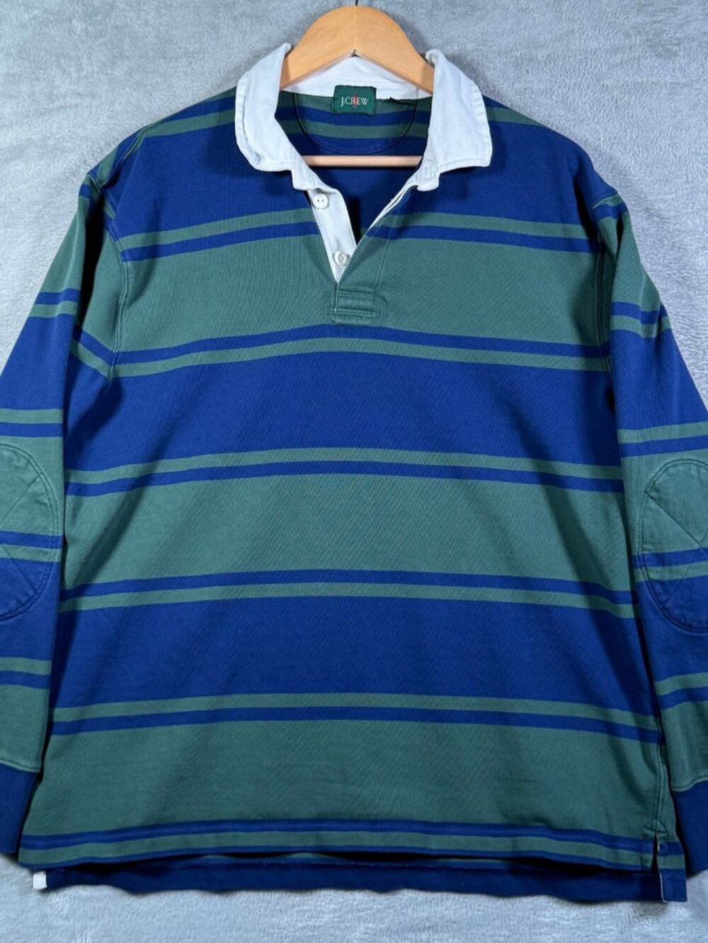 J Crew Rugby Shirt Mens L Blue Green Striped Elbow Patch Long Sleeve Oarsman